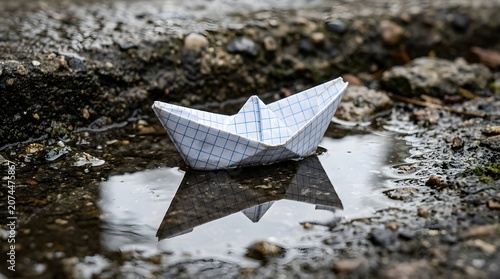 A paper boat in a puddle on a rainy day