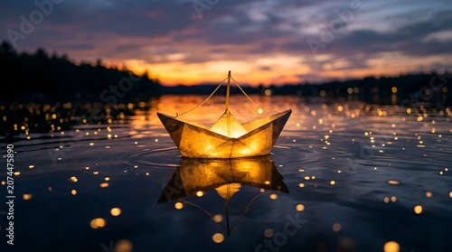 Glowing paper boat on serene lake at sunset