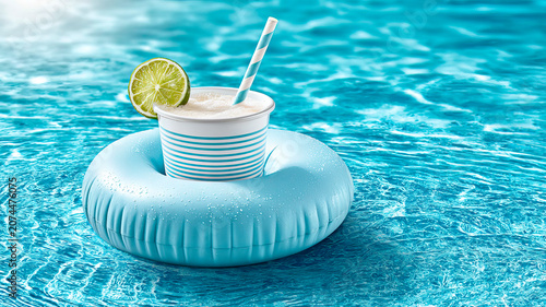A paper cup with a drink and lime on a blue inflatable ring in a pool. A bright summer composition with copy space.