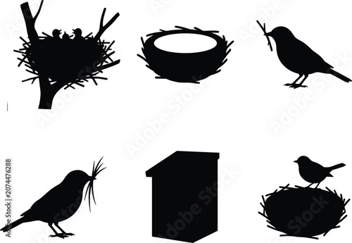Tableau sur toile Collection of bird nest silhouettes featuring birds building nests with twigs ha
