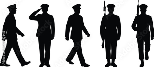 Slika na platnu Military soldier silhouettes, officer saluting and marching in uniform, army gua