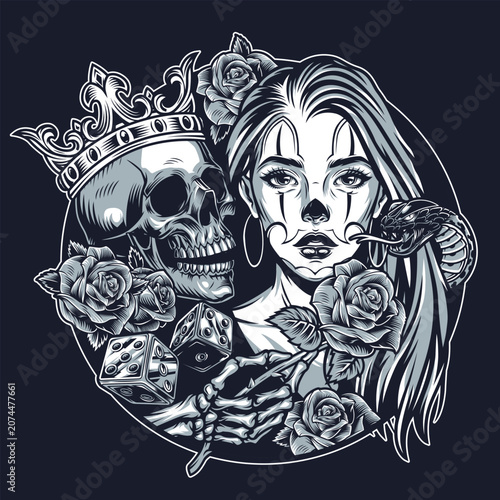 Fotografie Skull-woman-rose art