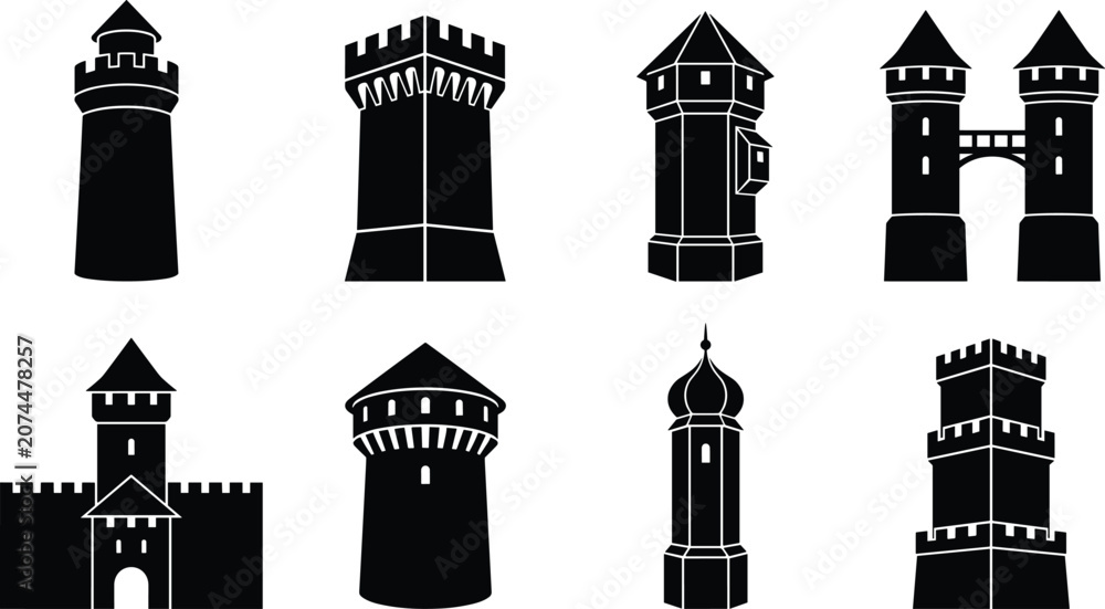 Obraz premium Medieval Castle Tower Silhouette Collection with Fortress Watchtower and Historic Architecture Vector Set
