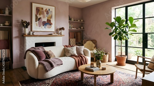 Serene living room interior showcasing a curved sofa adorned with plush throws and decorative cushions complemented by a round wooden coffee table and a large potted plant near expansive windows
