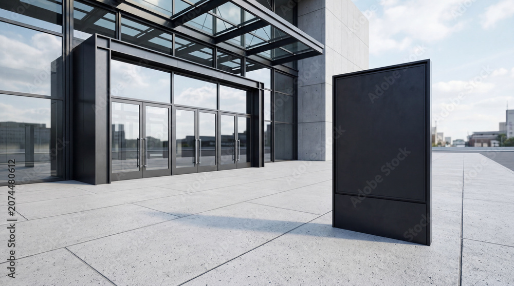 Fototapeta premium Modern Building Entrance with Blank Black Billboard Mockup Template