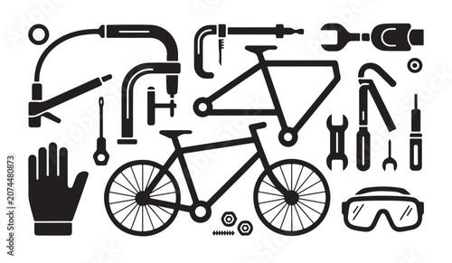 Photos Set of black and white bicycle frame and repair tools, outline of cycling equipment