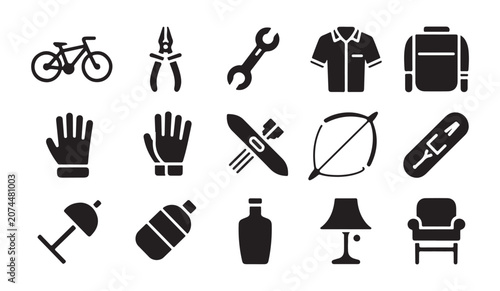 Schilderij op canvas Set of black icons featuring miscellaneous daily objects and simple equipment tools for home usage