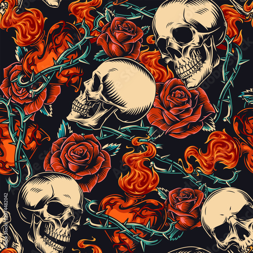 Принти на полотні Skull and rose pattern design