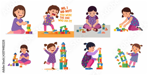 Bild auf Leinwand Little Girl Character Playing with Building Blocks Expressing Different Emotions