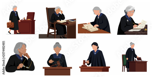 Obraz na płótnie Female Judge Character Set in Various Poses and Situations, Flat Vector Illustra