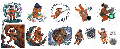 Fotografie Collection of Illustrations Featuring a Female Space Scavenger and Technician Re