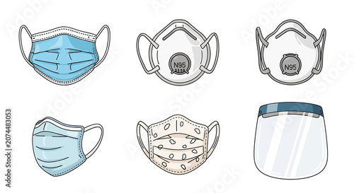 Various face masks and protective shields on display for health.