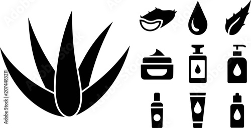 Vector illustration set featuring black silhouettes of aloe vera plants and various skincare cosmetic packaging icons, image_e74eb9.jpg.