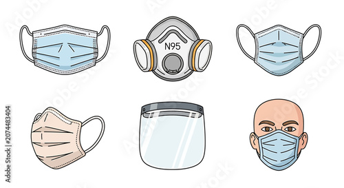 People wear various protective face masks and respirators outdoors.