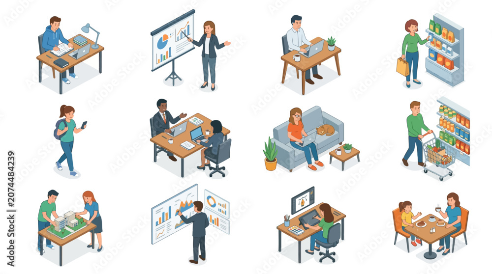 Fototapeta premium Sleek Isometric Showcasing Diverse Workplace Scenes with Modern Office and Retail Activities with high quality professional line art symbols for modern creative design and digital branding projects