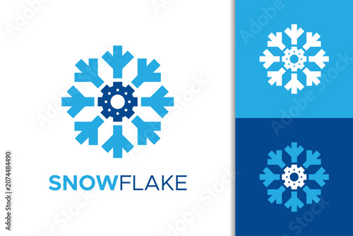 HVAC Snowflake Logo Vector with Central Gear Icon, Air Conditioning, Refrigeration and Climate Control Technology Symbol in Flat Design