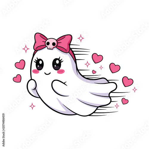 Obraz na płótnie Cute kawaii ghost girl with pink bow and skull accessory flying swiftly with mot