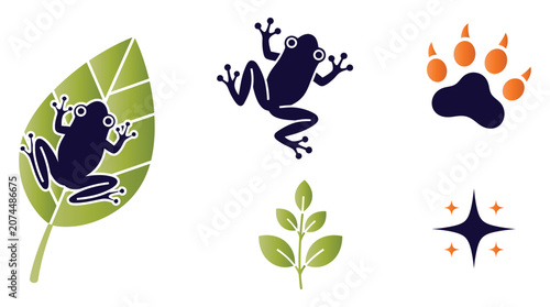 Frog icons on leaf and paw prints in vector illustration