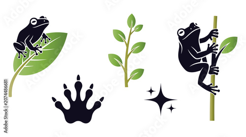 Frogs on Leaves and Vine, Animal Icons, Illustration