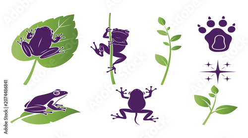 Purple Frog and Footprint Icons on Leaves Illustration