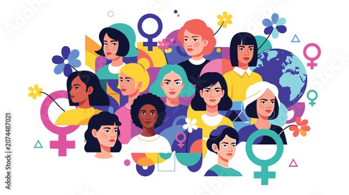 Diverse Women Faces Illustration with Gender Symbols