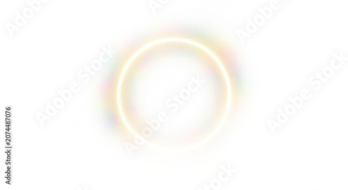 Abstract glowing light ring with ethereal rainbow prism effects, soft circular halo frame with iridescent aura, minimalist 3D render design element for modern digital backgrounds