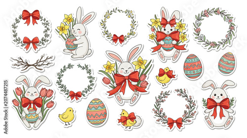 Easter wreaths and eggs illustrations with bows
