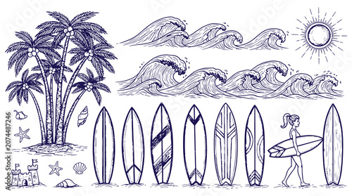 Surfboards on Beach at Sunset, Tropical Landscape Illustration
