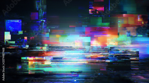 Dark Glitch Art Background with Neon Distortion and Horizontal Scanlines.