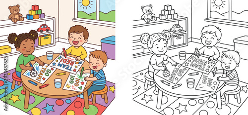 Foto Children drawing and coloring in a playroom vector illustration set, featuring colored and black and white outline coloring book page of kids creating posters at a table