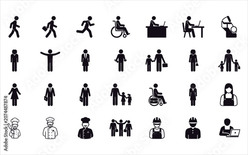 Diverse People Silhouette Icons Set, Black on White Background