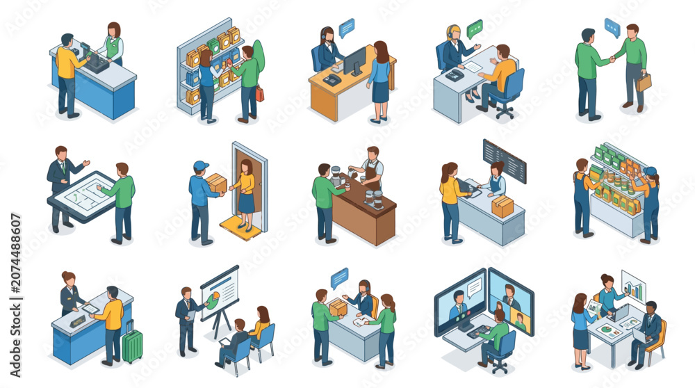 Fototapeta premium Minimalist Illustrations of Diverse Office and Business Interaction Scenes with Professionals in Blue Green Yellow Outfits