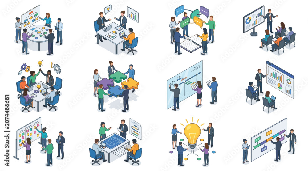 Fototapeta premium Professional Illustrated Guide to Diverse Team Collaboration and Brainstorming Techniques in Modern Office Environments