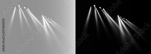 Fotografie Stage spotlights on gray and black background, white theater light beams texture