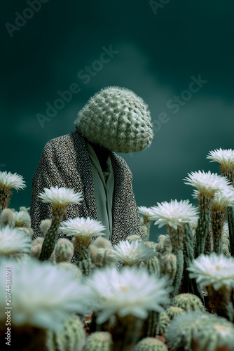 Surreal Conceptual Art of Figure with Cactus Head Standing in Blooming White Flower Field