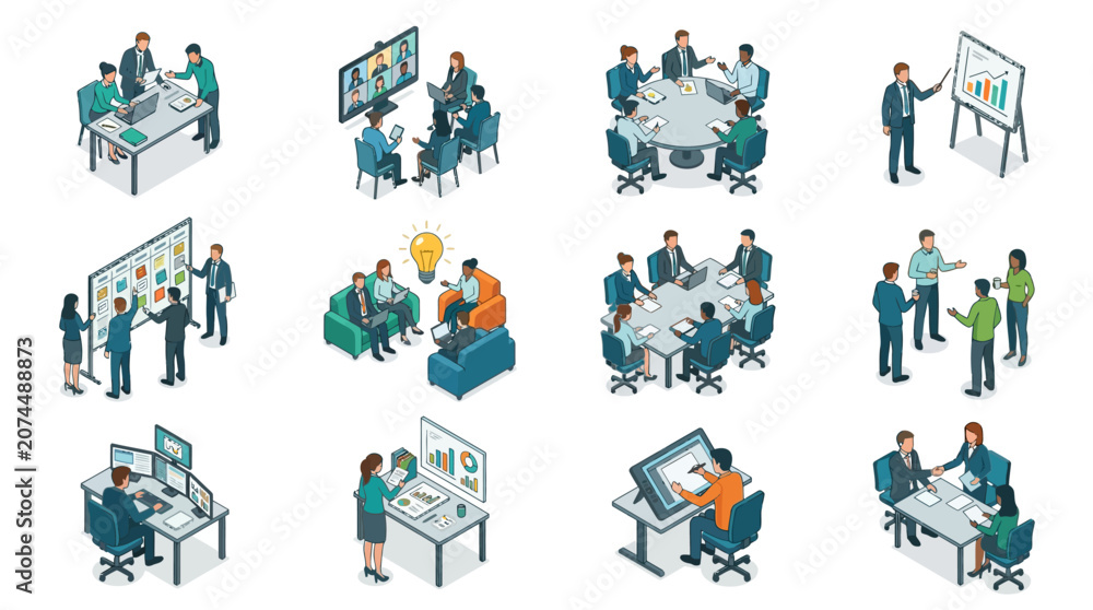 Fototapeta premium Sleek Illustrations of Modern Business Meetings and Collaborative Work Scenes with Professionals in Suits
