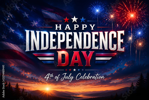 Vibrant happy independence day graphic with bold lettering set against a dark sky filled with bright red and blue fireworks