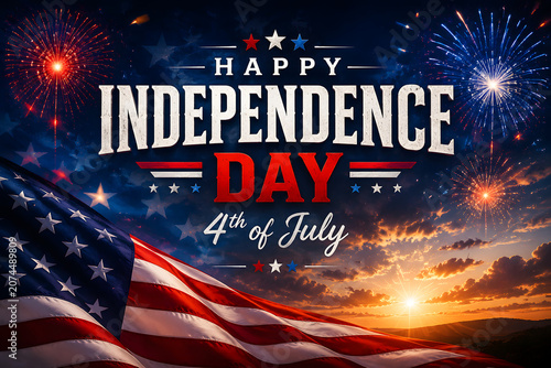 Happy independence day greeting card with a waving american flag and colorful fireworks display against a vibrant sunset sky background