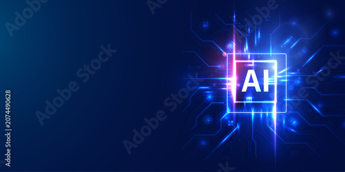 Photos Abstract artificial intelligence background featuring digital chip processor glowing with blue light