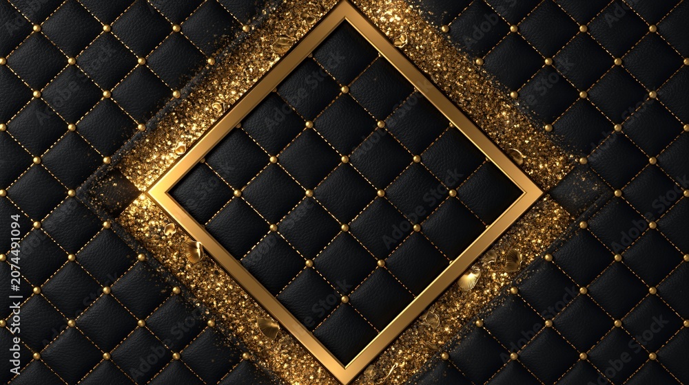 Fototapeta premium Luxurious diamond shaped golden frame set against a dark black quilted leather texture background with sparkling gold glitter decorative elements