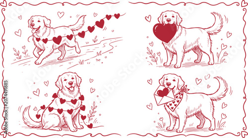 Photos Dog love illustration collection with hearts playful affectionate golden retriev