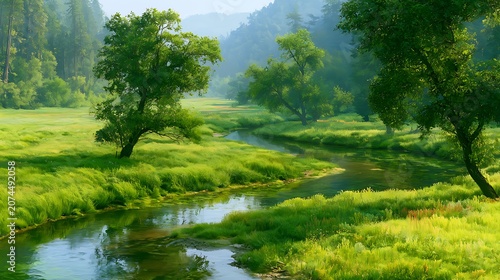 Serene landscape featuring a winding river through a lush green meadow with misty trees and distant mountains.