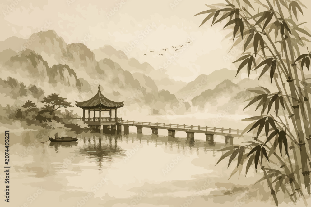 Obraz premium Asian landscape with pagoda, bridge and bamboo in watercolor style