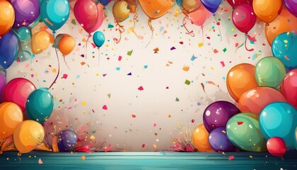 colorful border with balloons and confetti composition with birthday decor