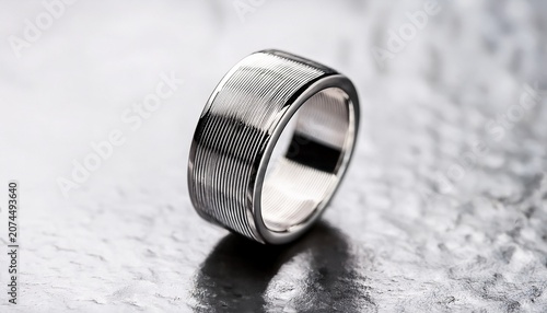close up of a silver toned metal ring with textured surface