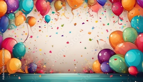 colorful border with balloons and confetti composition with birthday decor