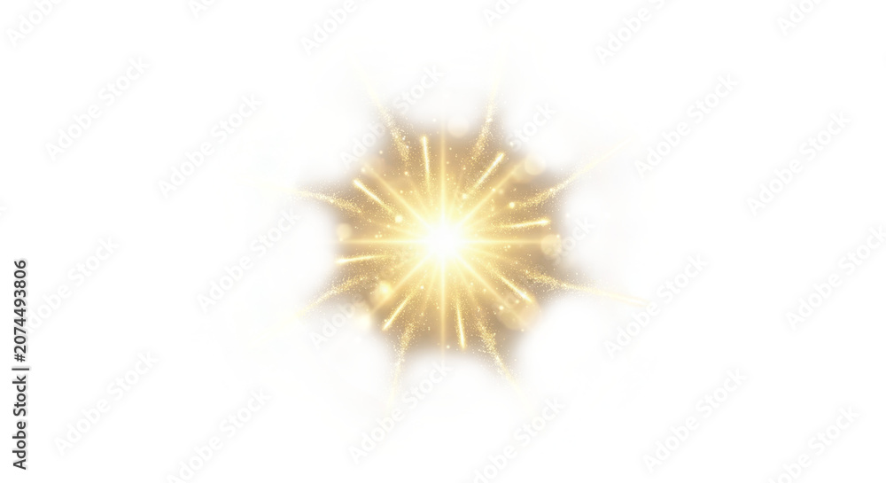 Fototapeta premium Golden star burst with glowing light particles, magical sparkling light effect isolated on white background. Abstract shining sunburst design for luxury branding, holiday card