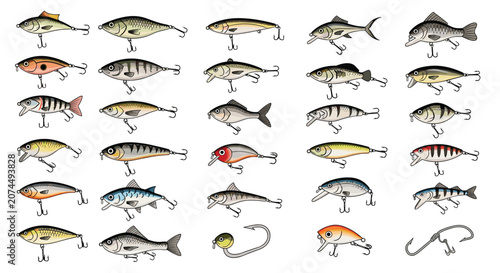 Large collection of diverse fishing lures and hooks in different colors and sizes for professional and hobbyist sport fishing equipment.