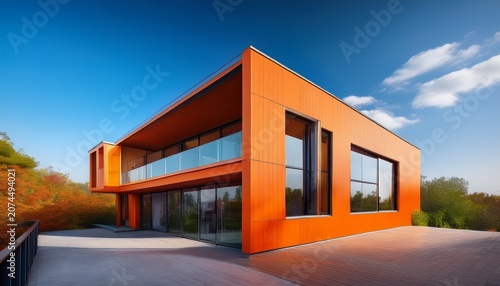 modern architectural design featuring a vibrant orange building with a glass balcony