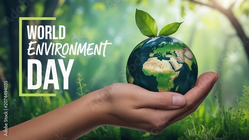 World Environment Day hand holding globe with green leaves symbolizing earth care sustainability nature protection and ecology